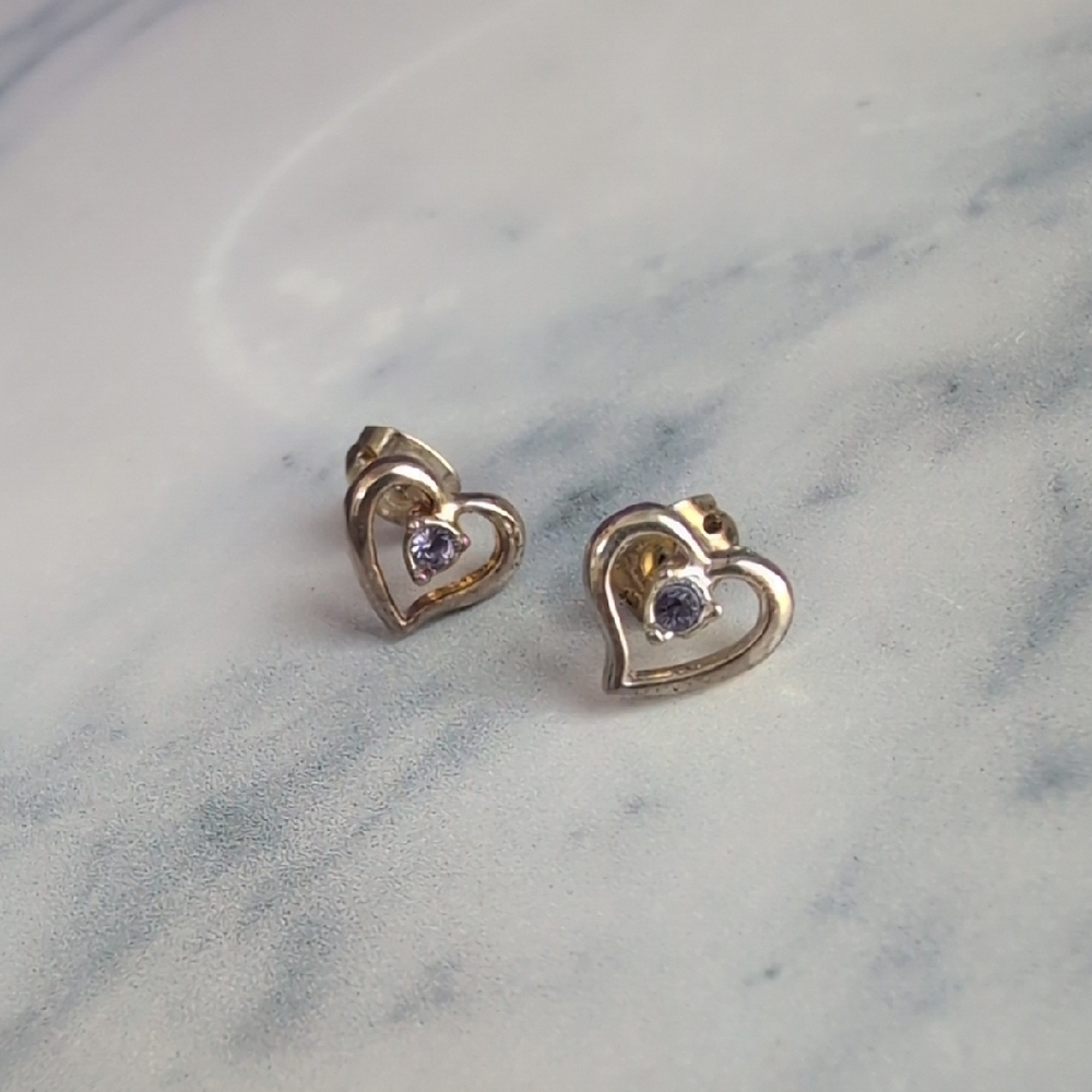 Gold Heart Earrings with Purple Gemstone